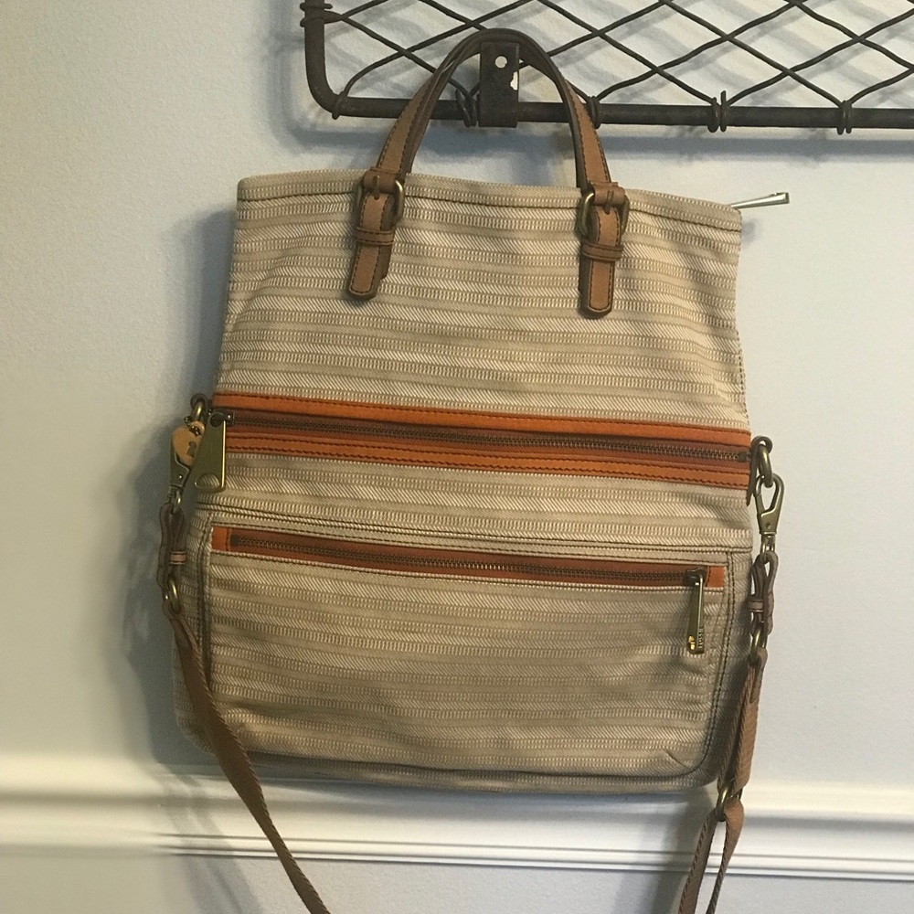 Fossil Cloth Striped Satchel with Orange Trim